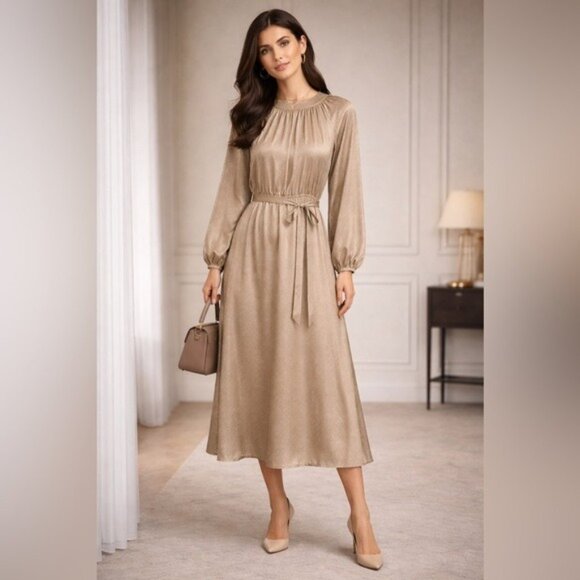 LOFT Satin Polka Dot Midi Dress Beige Black Long Sleeve Size 14 - Picture 14 of 15